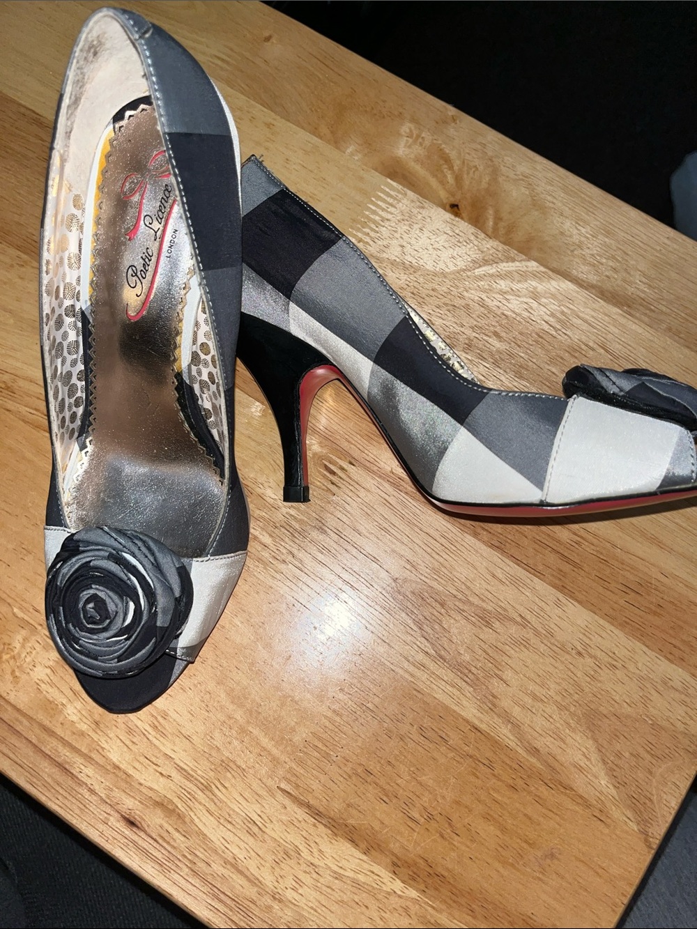 Poetic License Vintage Black and Gray Plaid Peep-Toe Heels with Rosette